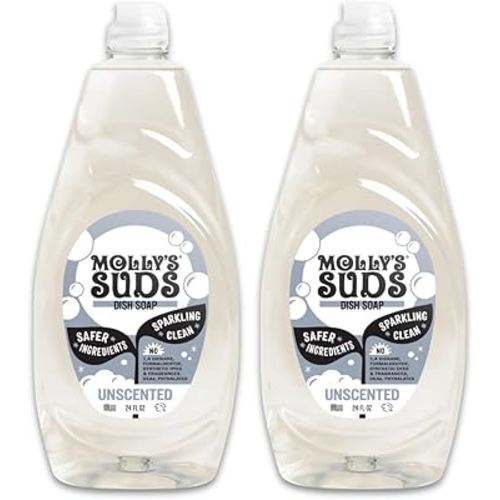 Molly's Suds Natural Liquid Dish Soap | Long-Lasting, Powerful Plant-Powered Ingedients | Unscented | 24 oz - 2 Pack
