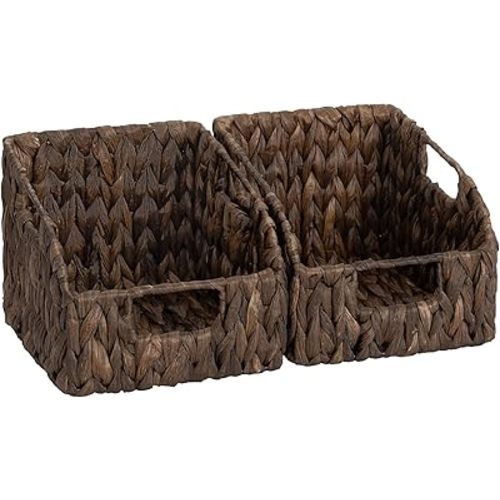 StorageWorks Pantry Baskets for Organizing, Water Hyacinth Storage Baskets for Shelves, Small basket with Built-in Handles, Pantry Organizers and Storage, Brown, Set of 2
