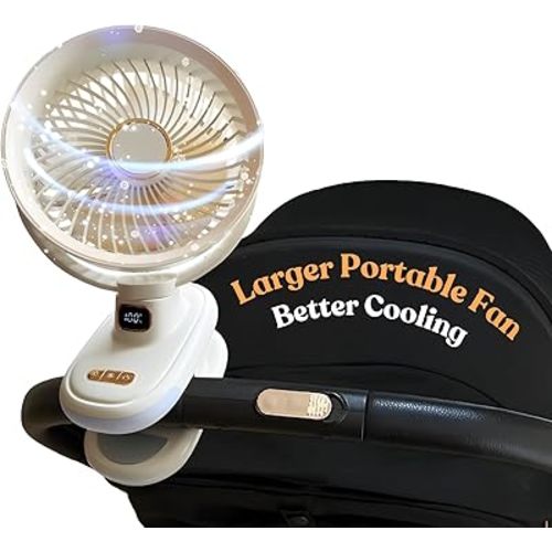 Portable Fan for Stroller - 6-inch Rechargeable Stroller Fan Clip on for Baby Strollers, Car Seats & More; Stroller Accessories for Outings, 2400 mAh Battery for Camping, Gym, Beach (Beige)