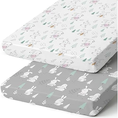 Pack n Play Sheets, BROLEX 2 Pack Mini Crib Sheets,Stretchy Portable Fitted Playard Sheet Set, Convertible Playard Mattress Cover,Ultra Soft Breathable Material,Pink-Bellied Rabbit