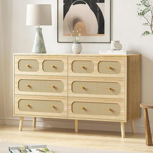 Rattan Dresser for Bedroom, Modern 6 Drawer Double Dresser with Gold Handles, Natural Wood Storage Dressers & Chests of Drawers, 6 Drawer Dressers