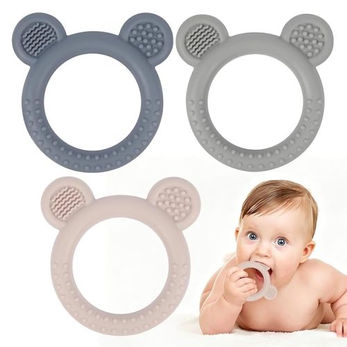 Eascrozn Baby Teething Toys Over 3 Months, 3 Pack Bear Silicone Teething Rings for Babies, Sensory Chew Toys for Teething Relief, BPA Free Infant Toys Boys Girls Gifts Baby Essentials