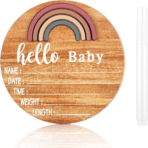 Wooden Baby Birth Announcement Sign Rainbow Baby Name Sign with Marker Pen Baby Arrival Sign Welcome Newborn Sign for Hospital Photo Prop Baby Shower Nursery Gift