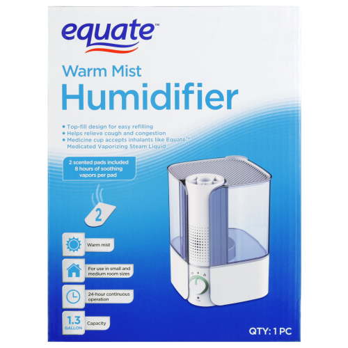 Equate Warm Mist Humidifier, Visible, Filter Free, White & Blue, Top Fill, 1.3 Gallon, Big Water Capacity HSA/FSA Eligible