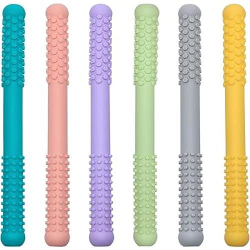 Hollow Teething Tubes Toys for Babies Girls Boys, 6 Pack Silicone Baby Teether Toy Tube for Infants with Nursing Biting Chewing, Chew Straws for Toddlers 6-12 Months (Style B)
