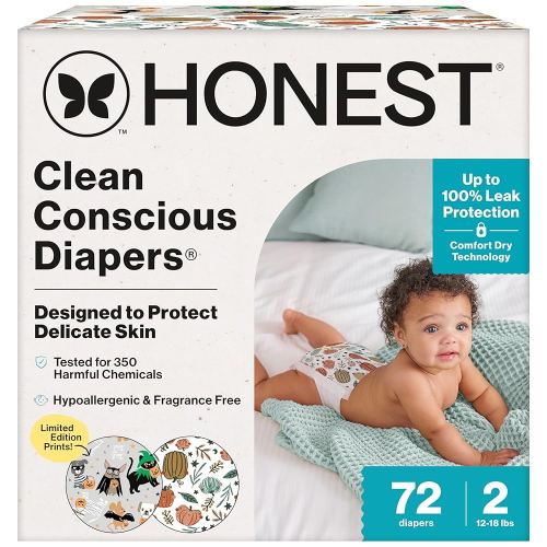 The Honest Company Clean Conscious Diapers for Delicate Skin | Up to 100% Leakproof | Hypoallergenic, Fragrance Free | Fall '25 Limited Edition Prints | Club Box, Size 2 (12-18 lbs), 72 Count