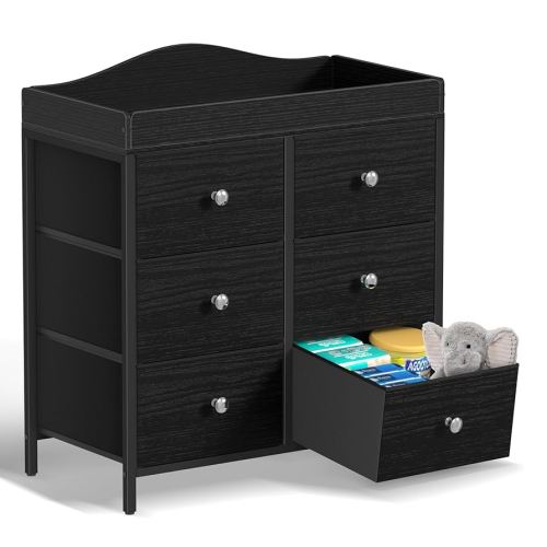 BOLUO Black Changing Table Dresser with 6 Fabric Drawers, Baby Dresser with Changing Table Top Diaper Changing Station with Storage for Nursery Modern