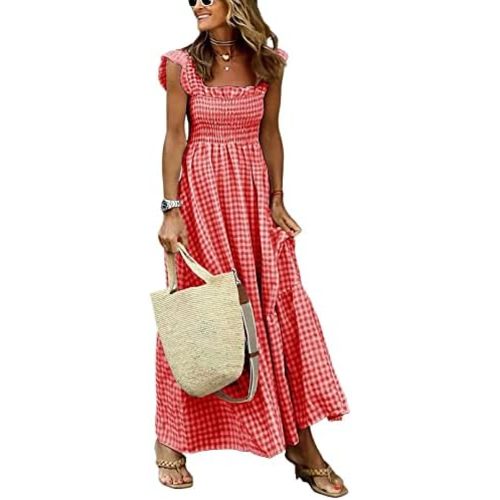 chouyatou Women's Retro Plaid Smocked Dress Spaghetti Strap Flounce Long Dress