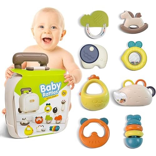 Newborn Toys, Baby Rattles & Teething Toys, 0-12 Months, 8PCS Set, Silicone & ABS Plastic, Green, Orange, Yellow, Blue