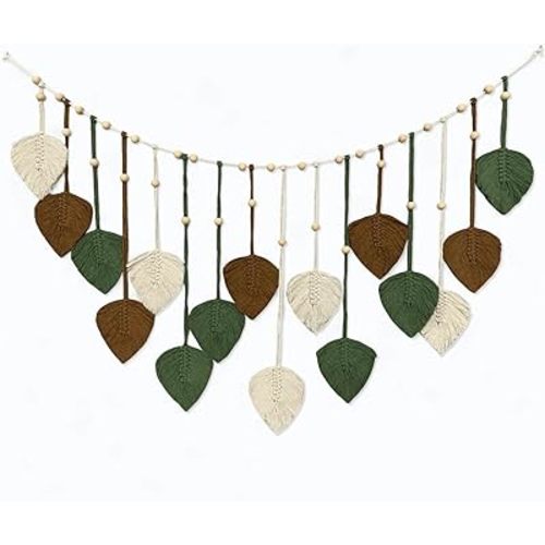 Nature-Inspired Macrame Leaf Wall Hanging, Handcrafted Green Tapestry Boho Home Decor, Bohemian Art Nursery Living Room Bedroom Backdrop Chic Decoration (Green Caramel Off White 47.2“*30”)