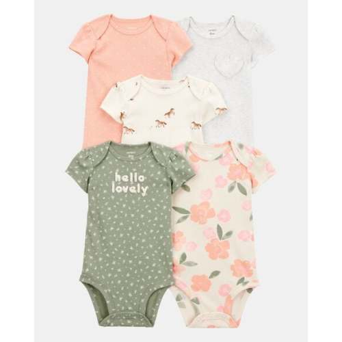 Baby Girl 5-Pack Floral Horses Short-Sleeve Cotton Bodysuits - Pink/Green | Carter's
