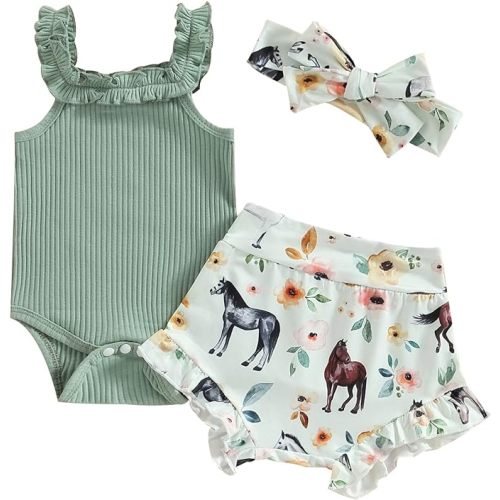 Sejardin Newborn Baby Girl Summer Clothes Letter Print Ruffle Sleeveless Ribbed Romper and Floral Shorts Infant Outfit - 6-12 Months - Green Horse Floral
