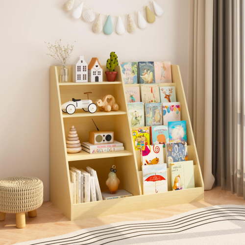 4-Tier Wooden Bookshelf with Toy Storage Bins, Children Bookcase Display Stand Organizer with Shelves, Toddler Book Rack for Playroom Nursery Bedroom, Natural