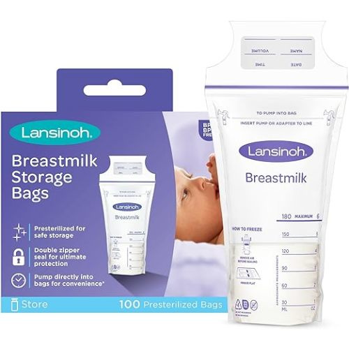 Lansinoh Breastmilk Storage Bags, 100 Count, 6 Ounce, Easy to Use Milk Storage Bags for Breastfeeding, Presterilized, Hygienically Doubled-Sealed, for Refrigeration and Freezing - 100.0