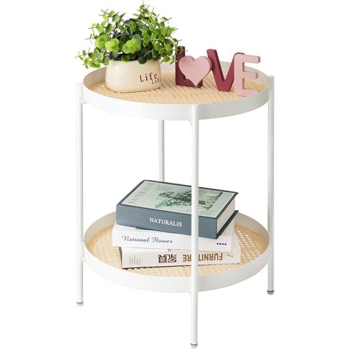 danpinera All Metal Side Table, 2 Tier Anti Rust Small Table with Imitation Rattan Pattern on Removable Trays for Living Room, White Round Nightstand for Bedroom, 20.47 Inch x 16.54 Inch Pearl White