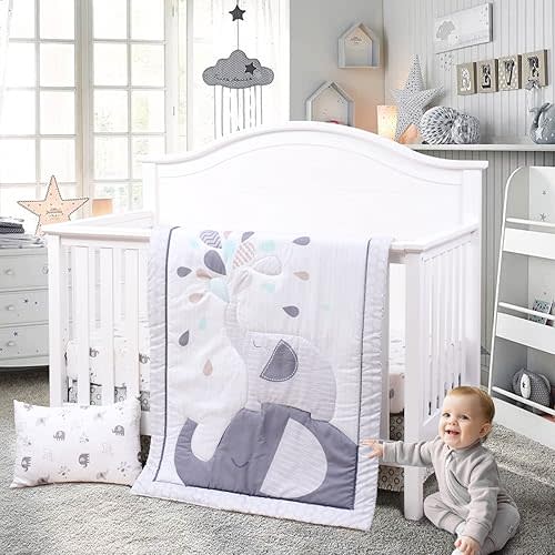 JISEN 4 Piece Baby Crib Bedding Set for Girls Boys - Soft Crib Comforter Set with Quilt, Sheet, Pillowcase, Skirt Grey Elephant