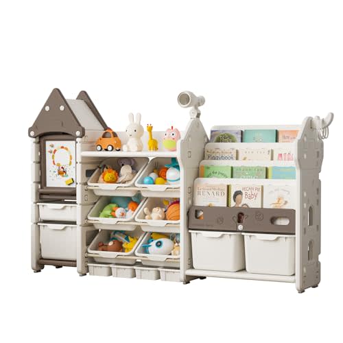 UNICOO® Magic Castle Kids Toy Storage & Bookshelf Organizer with 14 Easy-Pull Bins, Durable HDPE Material, Multifunctional Play Collection with Painting Board & Telescope, Children's Bookcase (Brown)