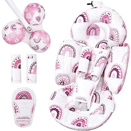 Infant Insert Compatible with 4moms Mamaroo Swing and Infant Carseat, Including 3 Replacement Toys, Reversible Newborn Insert for Baby Swing, Stroller, Bouncer, Soft Fabric - Mauve Rainbow
