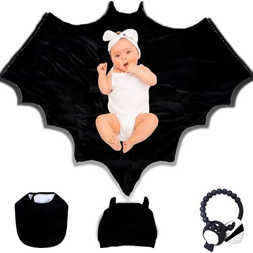 “4PCS” Multi-Use 1PC Bat Baby Blanket Includes 1PC Black Baby Hat with Ears Plus 1PC Black Baby Bib - Bat Baby Swaddle Blanket - Baby Witch - Goth & Spooky Baby Stuff