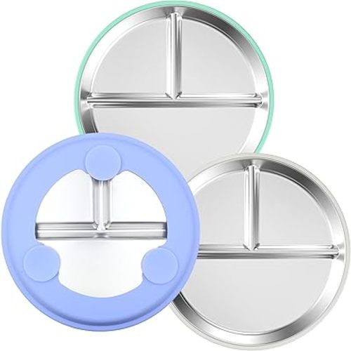 3-Pack Stainless Steel Toddler Plates with Suction Base, BPA-Free Kids Plate, Dishwasher Safe, Non-Slip Grip Silicone & Detachable Design (Blue, Gray, Green)
