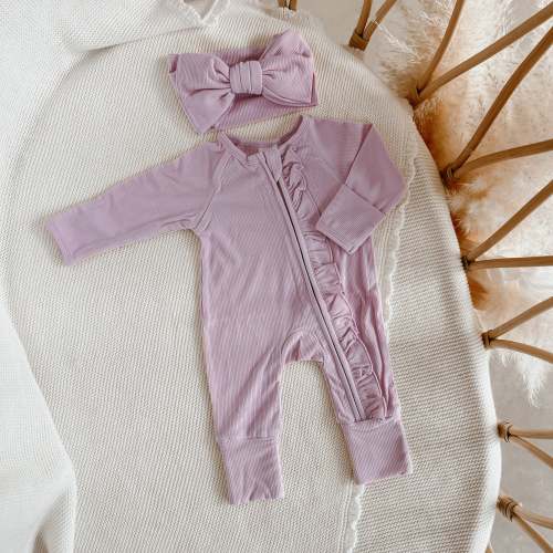 Ribbed Frill Bamboo Zip Growsuit & Topknot Bundle - Violet Purple PRE ORDER EST DISPATCH EARLY - MID JAN