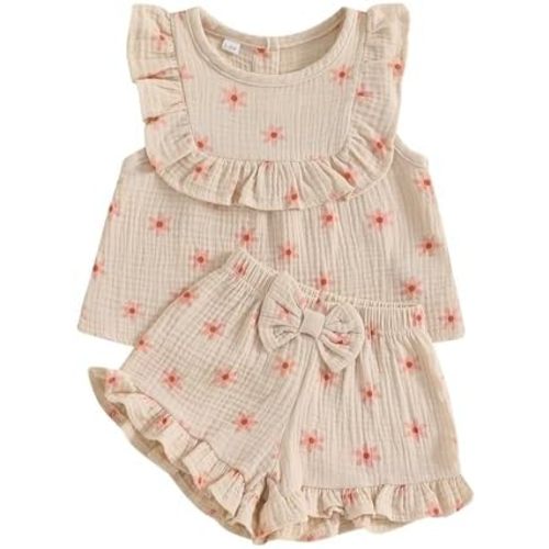 BemeyourBBs Summer Toddler Girl Clothes Baby Girl Ruffle Sleeveless Shirt with Buttons Bow Bloomers Shorts Set Cute Outfits