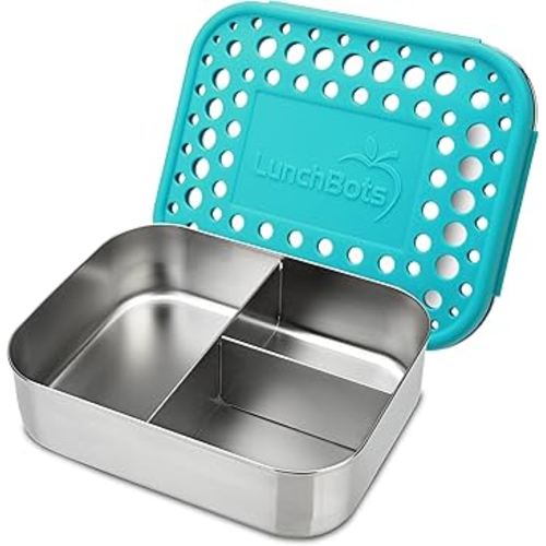LunchBots Medium Trio II Snack Container - Divided Stainless Steel Food Container - Three Sections for Snacks On the Go - Eco-Friendly, Dishwasher Safe, BPA-Free - Stainless Lid (Aqua)