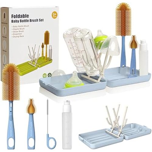 YOTIME Travel Bottle Brush, Travel Bottle Cleaner Kit with Foldable Bottle Drying Rack, for Visit Friends and Relations, Baby Travel Essentials, BPA Free, Blue