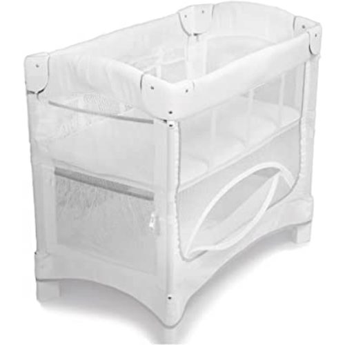 Arm’s Reach Mini Ezee 2 in 1 Co-Sleeper Bedside Bassinet Featuring Breathable Mesh Side Panels with 2 Wheels for Portability, Side Pockets, and Bottom Storage, White