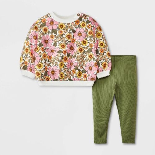 Baby Girls' Fleece Sweatshirt & Ribbed Leggings - Cat & Jack™, Color: Green/Pink, Size: 0-3M