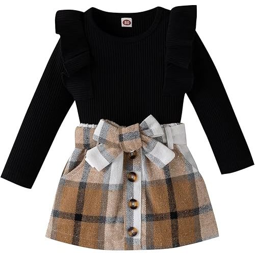 Noubeau Toddler Baby Girls Plaid Outfits Knit Ribbed Sweatshirt Shirt Tops Red Plaid Belt Skirt Fall Winter Clothes