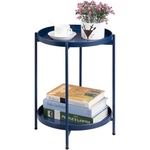 HollyHOME 2-Tier Round Side Table, (Navy Blue)