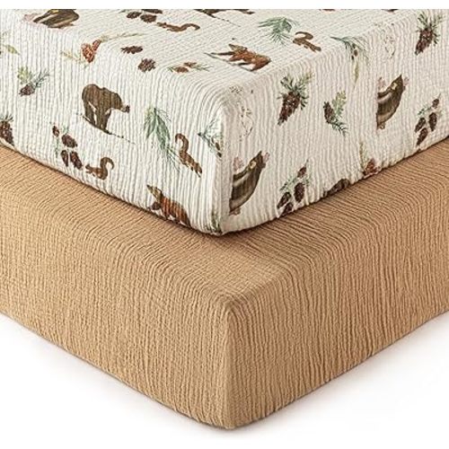 david's kids Muslin Crib Sheets for Boys, 2 Pack 100% Cotton Soft Breathable Fitted Baby Sheet Set, Standard 52"x28" Crib and Toddler Mattress, Woodland Animal