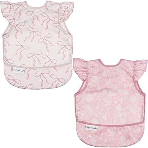 Tiny Twinkle Mess Proof Baby Bibs | 2 Pack Waterproof Toddler Bib for Eating | Baby Apron for Feeding, Machine Washable, Perfect Shower Gift (Bows,Toile, 6–24M)