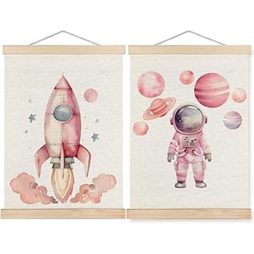 SPBL&L Pink Space Wall Art, Space Nursery Poster Hanger Frame, Cosmic Planets Rocket Astronaut Hanging Canvas Pictures Prints Wall Decor for Girls Room Nursery Playroom, 12x16 Inch Set of 2