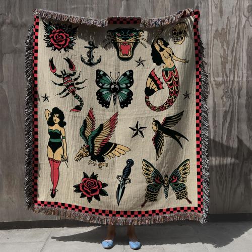Tattoo Woven Blanket, Gothic Blanket, American Traditional Tattoo, Picnic Blanket, Whimsigoth Blanket, Tattoo Artist Gift, Goth Tapestry