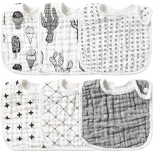 Zainpe 6Pcs Snap Muslin Cotton Baby Bibs Infants Feeding Bib Adjustable Burp Cloths Soft Drool Bibs for Toddlers Girl Boy