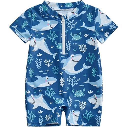 Toddler Infant Baby Boys Swimsuit Kids Rash Guard One Piece Newborn Zipper Bathing Suit Swimwear with Hat