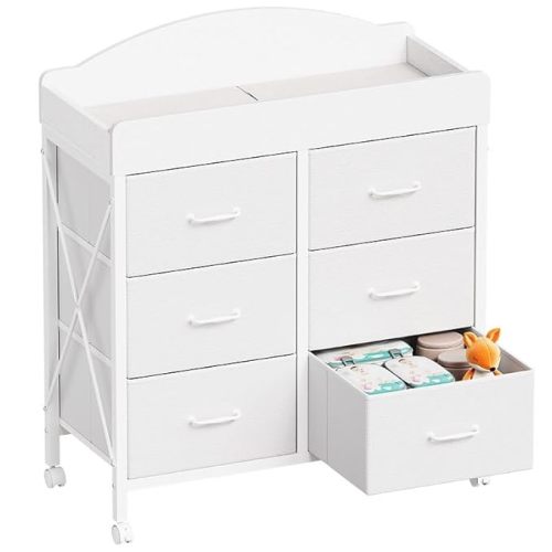 YeTom Changing Table Dresser, 6 Fabric Drawers, Mobile Storage, White | Changing Table,Waterproof Diaper pad & Safety Strap,6 fabric drawers, Wheels, Compact