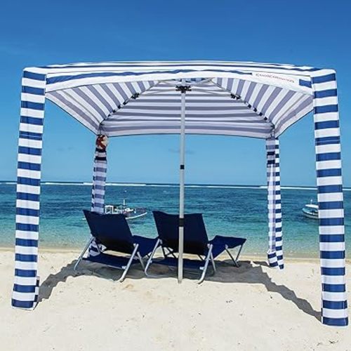 CoolCabana Beach Shade Tent - Easy Setup, UPF 50+ Protection, Large & Medium Sizes, Compact & Wind Resistant - Beach Cabana for The Whole Family - Navy Stripes, Medium