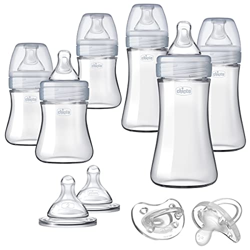 Chicco Duo Deluxe Hybrid Baby Bottle Gift Set with Invinci-Glass Inside/Plastic Outside - Clear/Grey - Deluxe 10 piece gift set