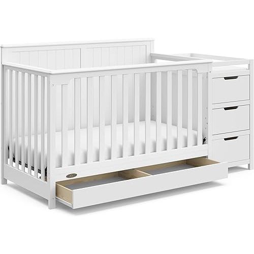 Graco Hadley 5-in-1 Convertible Crib and Changer with Drawer (White) – GREENGUARD Gold Certified, Crib and Changing -Table Combo with Drawer, Includes Baby Changing Pad, Converts to Full-Size Bed