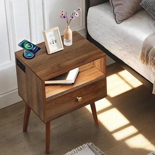 Mid Century Modern Nightstand with Wireless Charger and LED Light - 20" W x 14" D x 24" H Wood Bedside Table with Drawers, Walnut Bedside Table with Charging Station, Outlet on Right
