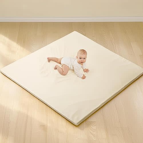 Baby Mat for Floor, Thick Soft Non-Toxic Vegan Leather Baby Play Mat, Waterproof Foam Play Mat, Padded Play Mat for Baby, 50x50 Playpen Mat, Infant Playmat for Baby Girls and Boys, Beige