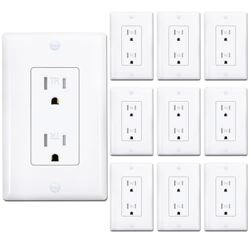 ThunderWay Decorator Wall Receptacle Outlet, Child-Safe Tamper-Resistant, Residential and Commercial Use, Wallplate Included, 15A/125V, 2 Pole 3 Wire, UL Listed, White (10 Pack)