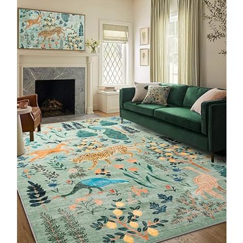 chakme Jungle Animal Green Rugs, 6x9 Tiger Area Rugs for Living Room Non Slip Soft Tiger Rug, Thin Colorful Animal Rug, Area Rug for Bedroom Nursery Rug(Green, 6x9FT)