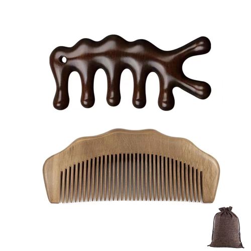 2 Pcs natural wooden comb,hair massager, Anti Static Wood, head massager scalp stress relax,birthing comb,scalp gua sha