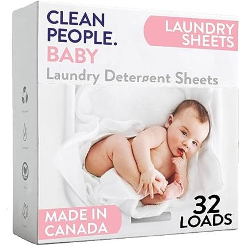 The Clean People Unscented Baby Laundry Detergent Sheets - Hypoallergenic - Ultra Concentrated, Recyclable Packaging, Fights Stains & Odors on Baby Clothes & Bedding - Fragrance Free, 32 Pack