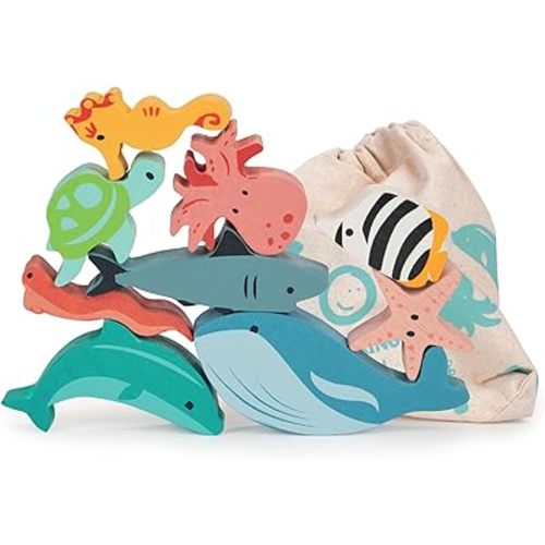 Mentari Toys - Happy Stacking Ocean - 9pc Wooden Stacking Toy for Toddlers - Colorful Sea Themed Balancing Activity Toy with Bag - Boost Fine Motor Skills and Dexterity - Educational Toy - Age 18m+
