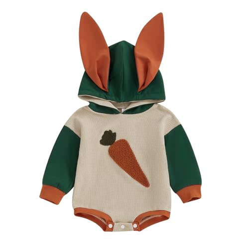 JLKGICF My First Easter Baby Boy Outfit Hooded Rabbit Ears Carrot Embroidery Bubble Romper Bodysuit Newborn Spring Clothes